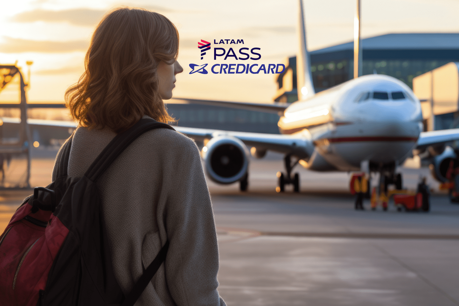 Uma mulher de costas, com uma mochila nas costas, olha para um avião estacionado na pista do aeroporto ao pôr do sol. Acima, estão as logos da LATAM Pass e da Credicard