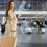 Uma mulher sorridente, vestida com um casaco bege, puxa uma mala de rodinhas em um saguão de aeroporto movimentado. Ela segura passagens aéreas e olha para trás enquanto caminha. Acima da imagem, está a logo do programa de vantagens TudoAzul.