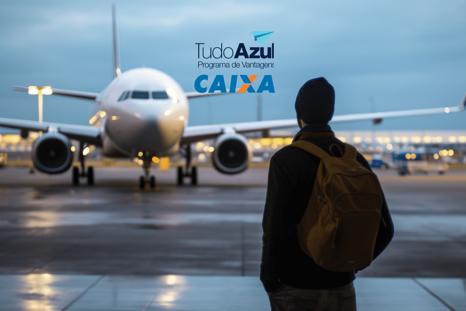 Pessoa de mochila olhando para um avião em um aeroporto ao anoitecer. Logotipos do programa de vantagens TudoAzul e da Caixa Econômica Federal estão acima do avião.