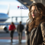 Descrição alternativa curta: Uma jovem mulher com cabelos ondulados e uma jaqueta de couro marrom, observando o horizonte em um aeroporto. Ao fundo, vemos um avião desfocado e pessoas caminhando. No canto superior esquerdo, o logotipo do programa LATAM Pass.
