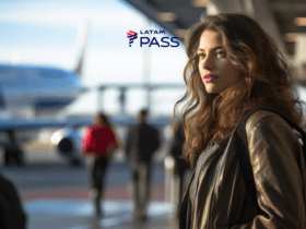 Descrição alternativa curta: Uma jovem mulher com cabelos ondulados e uma jaqueta de couro marrom, observando o horizonte em um aeroporto. Ao fundo, vemos um avião desfocado e pessoas caminhando. No canto superior esquerdo, o logotipo do programa LATAM Pass.
