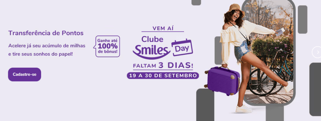 Leve até 100% de bônus Smiles transferindo pontos do seu cartão