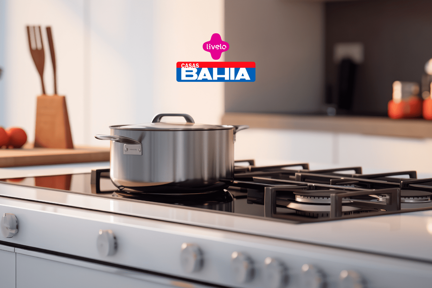 Uma panela de aço inoxidável está sobre um fogão moderno de quatro bocas, em uma cozinha bem iluminada e minimalista. No topo da imagem, aparecem as logos da "Livelo" e "Casas Bahia".