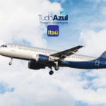 Um avião comercial em voo, com fundo de céu azul e nuvens, aparece em destaque. No topo da imagem, estão as logos do "Tudo Azul - Programa de Vantagens" e do "Itaú"