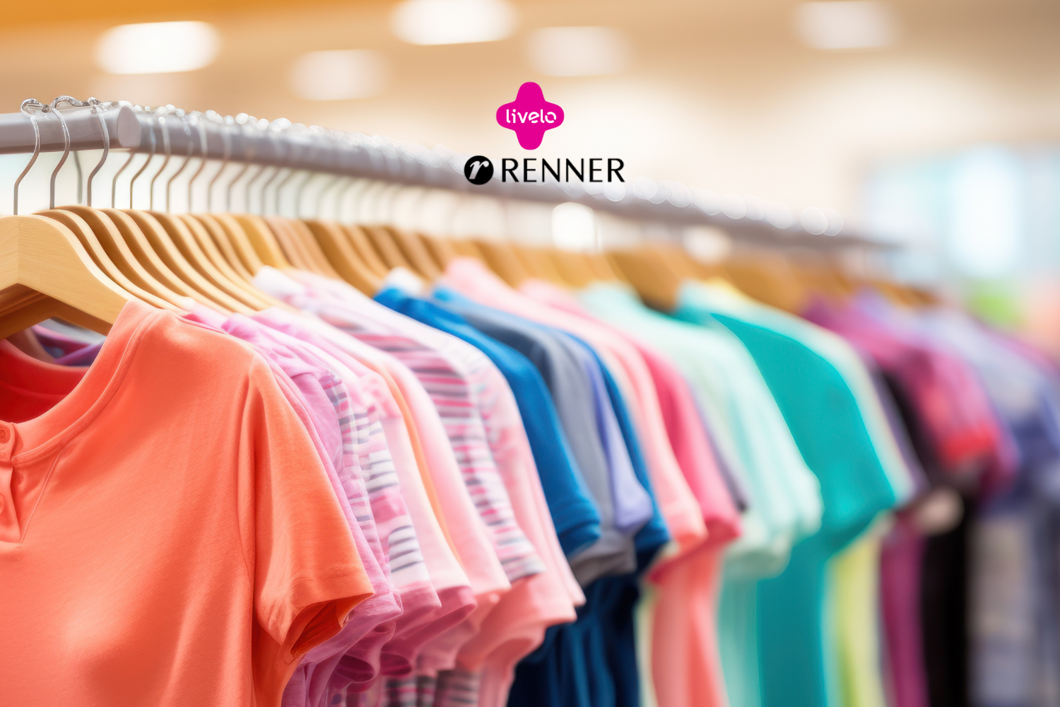 A imagem mostra uma arara de roupas coloridas em uma loja, com várias camisetas penduradas em cabides de madeira. As peças têm tons variados, como laranja, rosa, azul e verde. O ambiente é bem iluminado, transmitindo a sensação de uma loja organizada e convidativa. No topo da imagem, estão os logos da Livelo e da Renner.