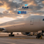 A imagem mostra um grande avião estacionado em um aeroporto ao entardecer, com o céu exibindo nuvens coloridas pelo pôr do sol. No canto superior central da imagem, estão os logotipos do "TudoAzul Programa de Vantagens" e do "BRB".
