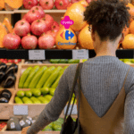 A imagem mostra uma pessoa de costas, aparentemente fazendo compras em uma seção de frutas e vegetais frescos. As prateleiras estão repletas de produtos como abóboras, romãs, abobrinhas e outros vegetais. No centro superior da imagem, os logotipos da Livelo e do Carrefour estão presentes, sugerindo uma parceria ou promoção entre as duas marcas.