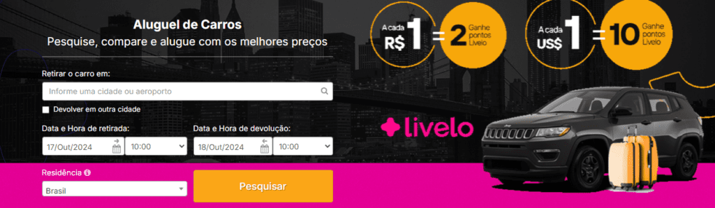 até 10 pontos Livelo com a Rentcars