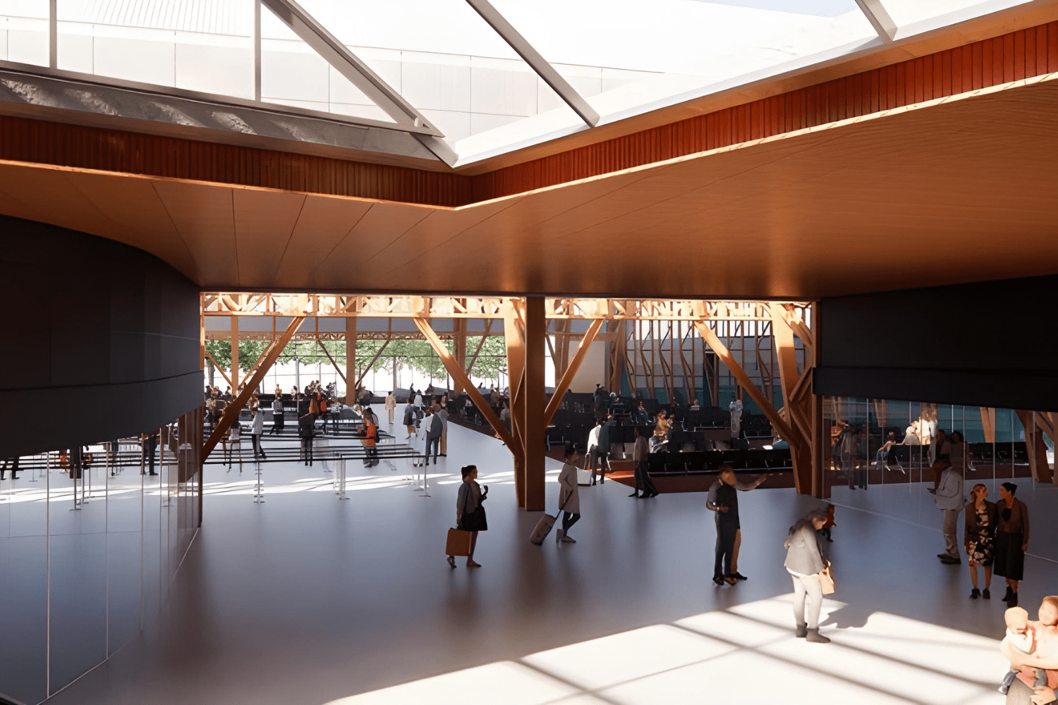 Vista interna do aeroporto de congonhas moderno com estrutura de teto em vigas de madeira e grandes janelas, permitindo a entrada de luz natural. Passageiros caminham pelo amplo saguão e aguardam em áreas de espera, enquanto o ambiente reflete uma arquitetura contemporânea e espaçosa.