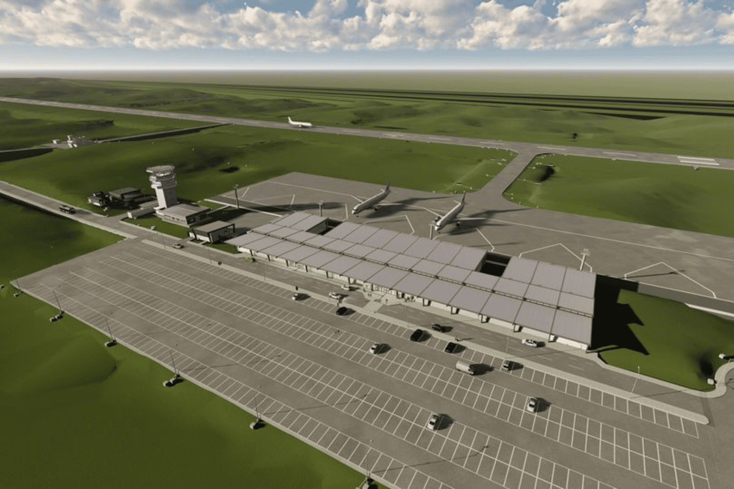 Imagem aérea de uma maquete digital do futuro Aeroporto de Vila Oliva em Caxias do Sul, na Serra Gaúcha, mostrando o terminal de passageiros, torre de controle, ampla área de estacionamento e pistas de pouso. Dois aviões estão posicionados próximos ao terminal, e o cenário é composto por vastas áreas verdes ao redor, com céu parcialmente nublado.
