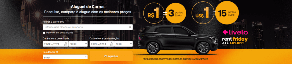 até 15 pontos Livelo com a Rentcars