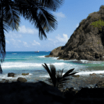 Vista paradisíaca de uma praia em Fernando de Noronha, com águas cristalinas, pedras, vegetação tropical e céu azul ao fundo.
