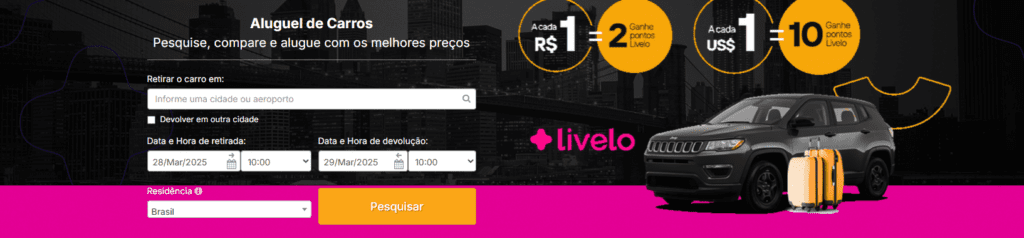 Ganhe 10 pontos Livelo com a Rentcars