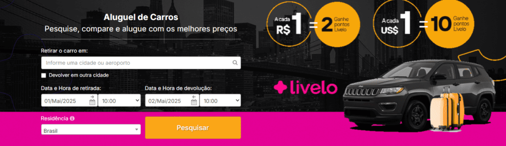 Ganhe até 10 pontos Livelo com a Rentcars