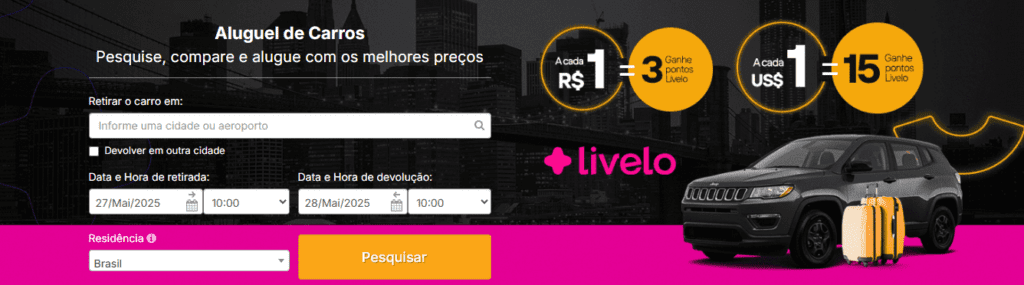 até 15 pontos Livelo com a Rentcars