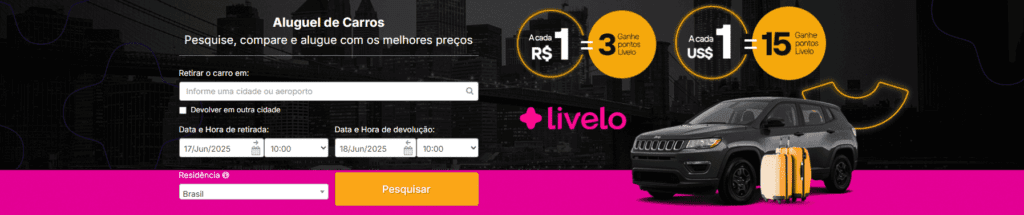 Ganhe até 15 pontos Livelo com a Rentcars