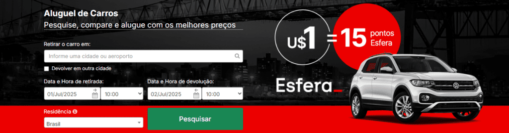 Ganhe até 15 pontos Esfera com a Rentcars
