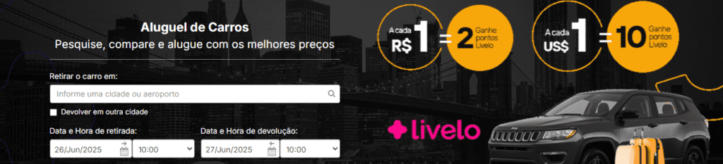 Ganhe até 10 pontos Livelo com a Rentcars