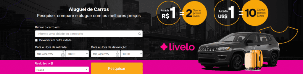 Ganhe 10 pontos Livelo com a Rentcars